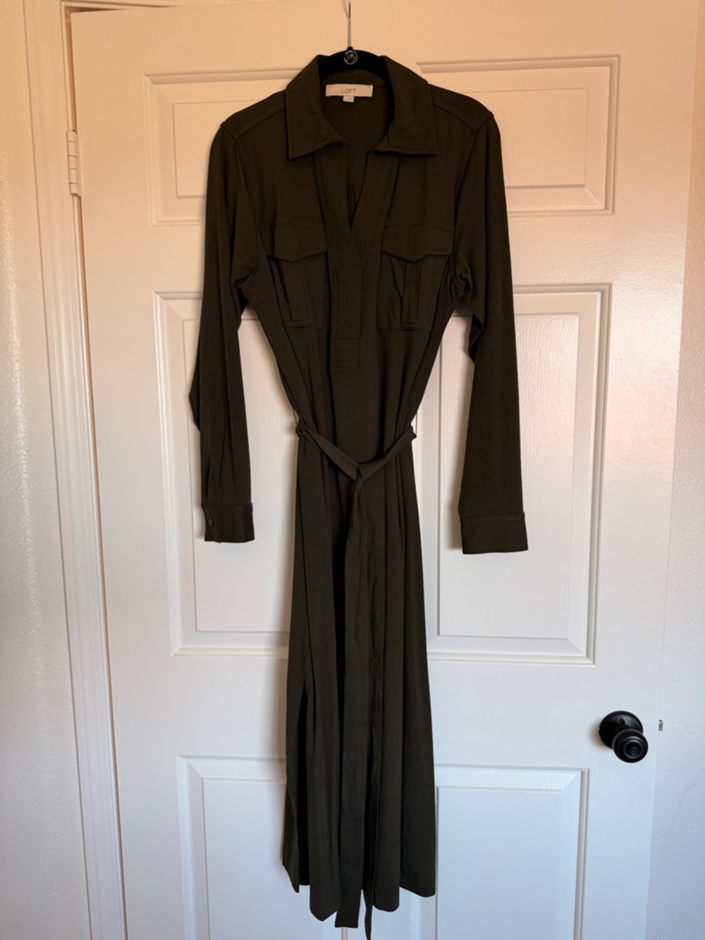 LOFT Olive Green Long Sleeve Shirt Dress with Waist Tie